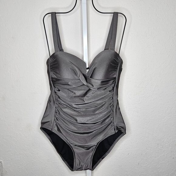 Calvin Klein Metallic Gray Twist Front Ruched One Piece Swimsuit Size 16 - Picture 1 of 6
